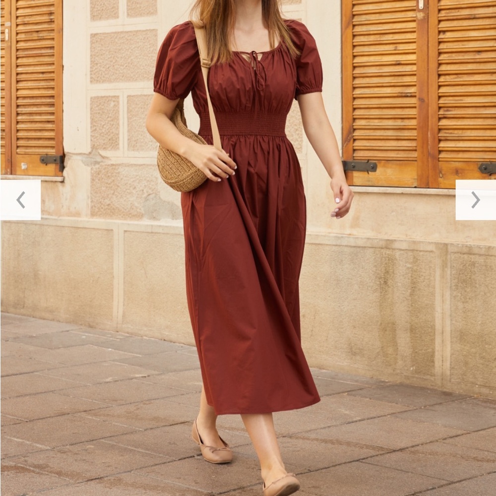 Uniqlo Volume Sleeve Dress In Brown Fit & Flare Pockets Size S